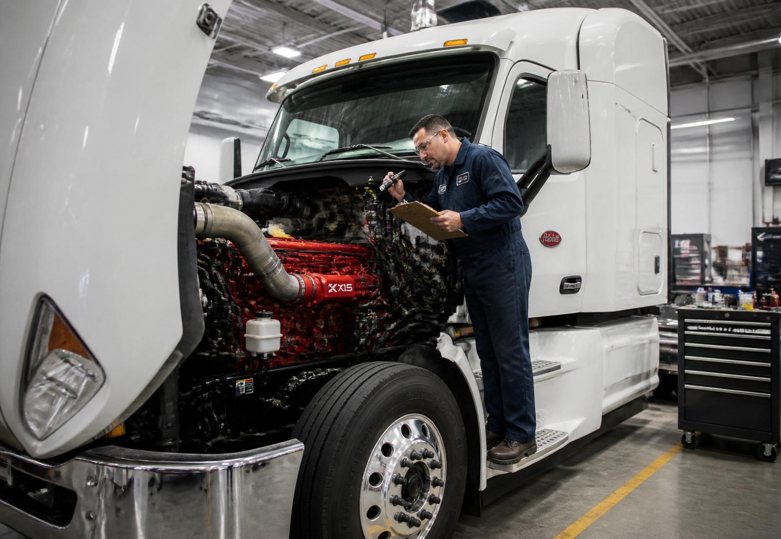 Fleet technician inspecting a Cummins X15 diesel engine under the raised hood of a Class 8 tractor — maintenance excellence and workforce readiness