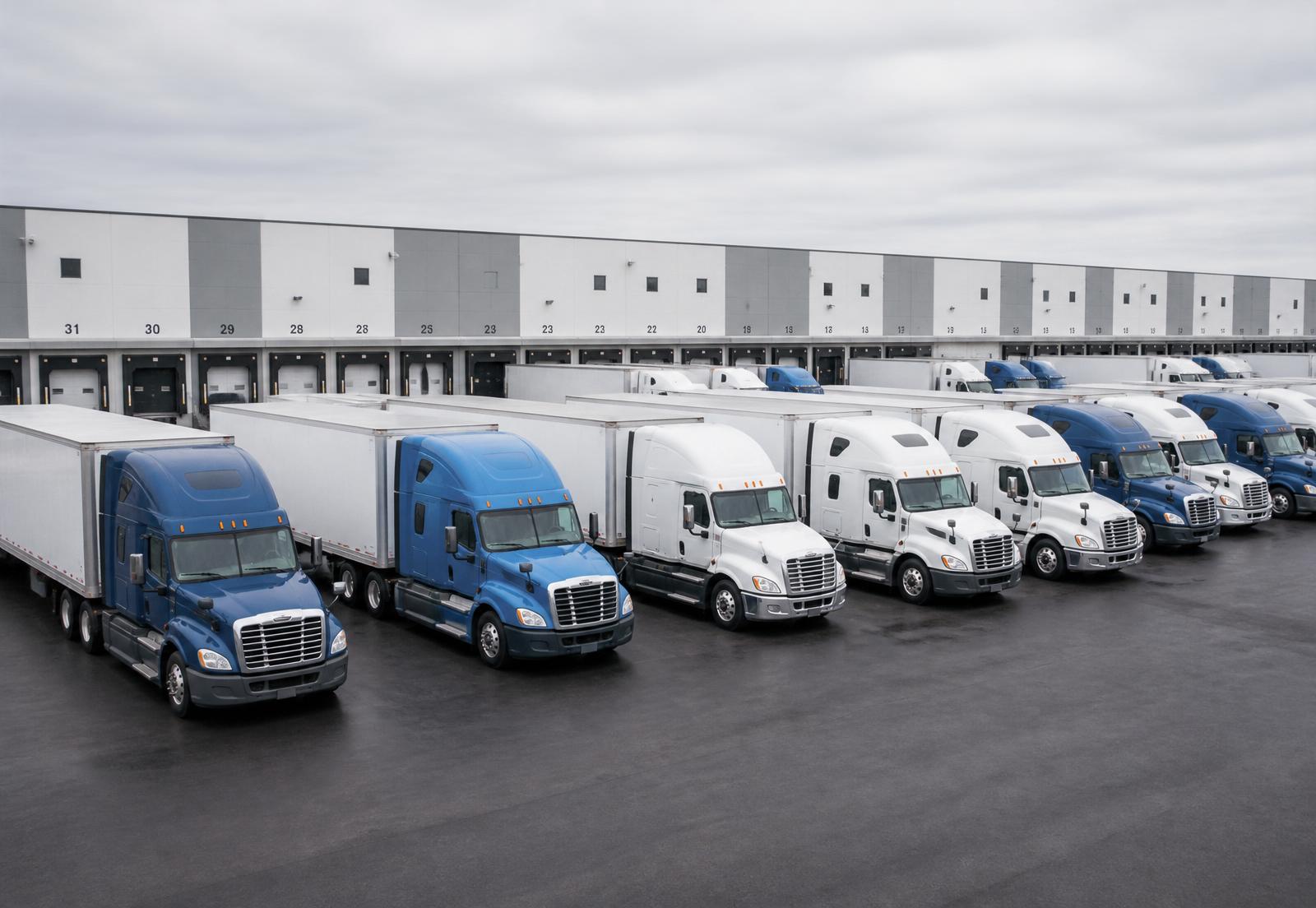 Fleet of Class 8 tractors parked at a modern distribution center — the workforce DATACDL supports