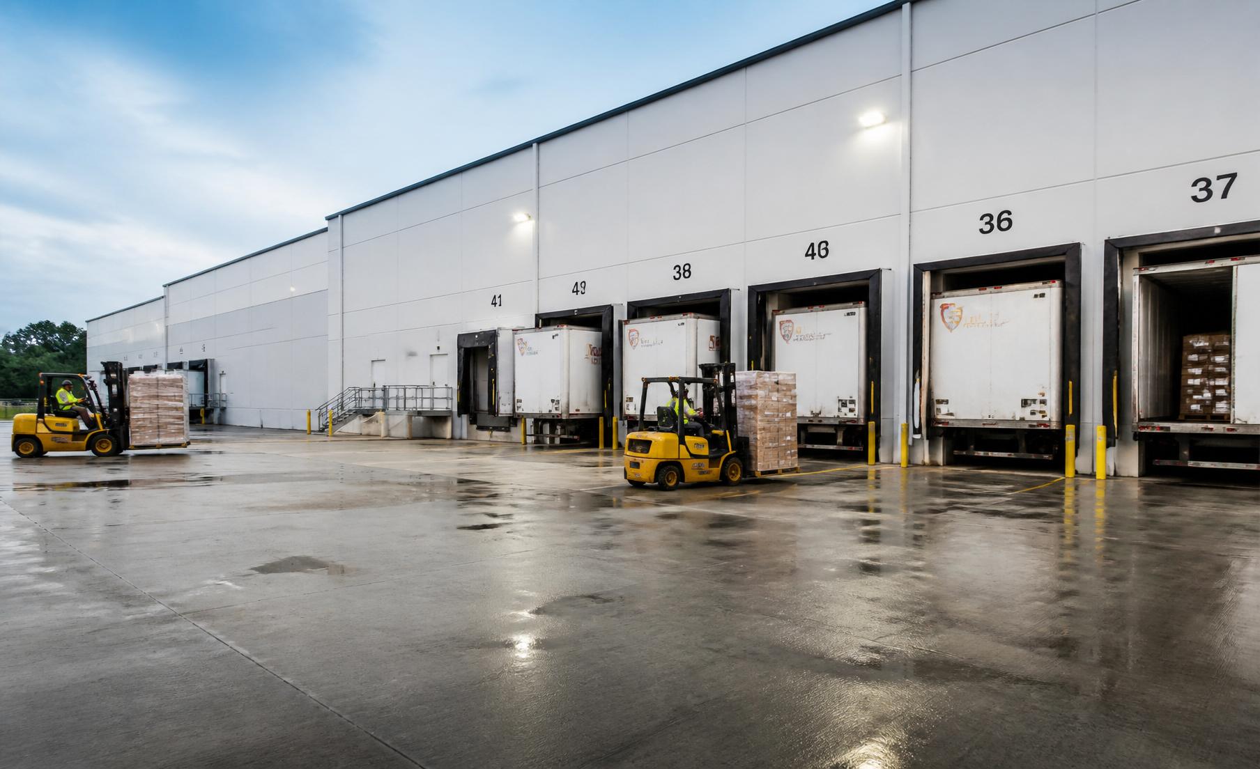 Modern warehouse loading docks with dry-van trailers — the logistics facilities DATA Industries serves